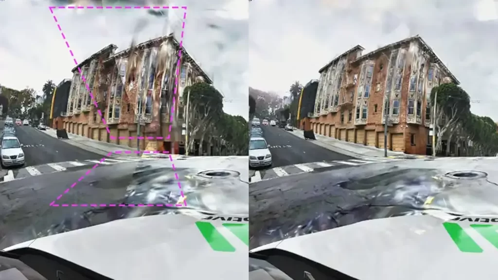 3D高斯潑濺（3DGS）三維場景重建對比圖，展示自動駕駛車輛視角下的街區與建築物重構效果，左圖以虛線框標註細節區域，右圖為高保真重建結果。