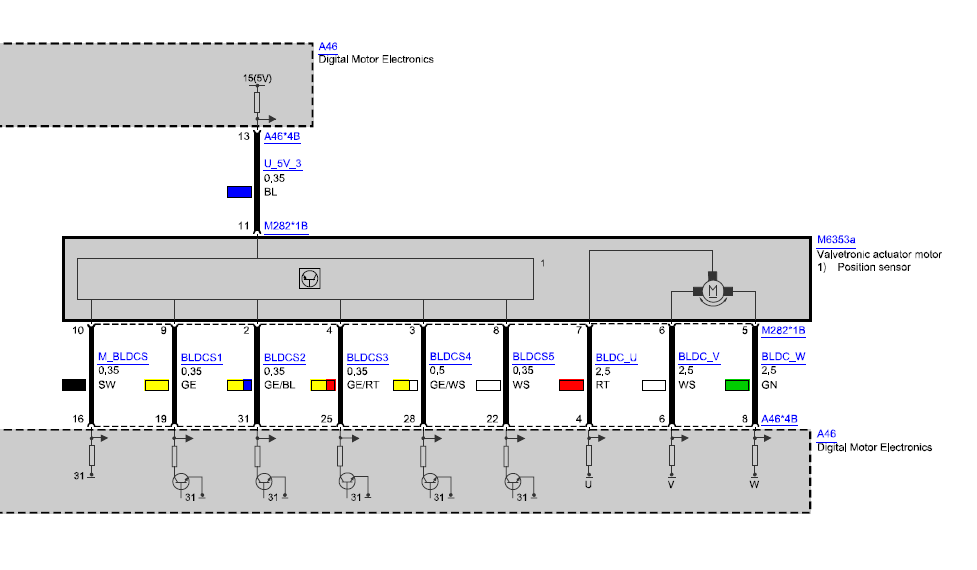 BMW Valvetronic 伺服馬達 (M6353a) 與 DME (A46) 電路圖：展示 5V 傳感器供電、黑色接地線 (M_BLDCS / DME Pin 16)、5 個霍爾效應傳感器信號線，以及三相驅動線路 (BLDC_U, BLDC_V, BLDC_W)。