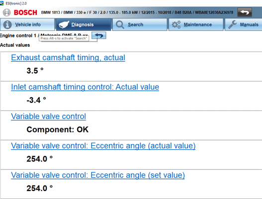 Bosch ESI[tronic] 2.0 汽車診斷軟體數據流畫面：顯示 BMW 330e (F30) Valvetronic 可變氣門控制的偏心軸角度實際值與設定值均固定在 254.0°，證實 DME 已進入失效保護鎖定狀態。