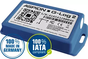 ASPION G-Log 2 衝擊記錄儀與溫濕度數據監測設備，標有 100% 德國製造與 IATA 航空運輸合規認證標章